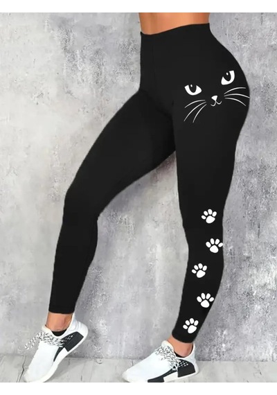 Ramımse Kadın Yüksek Bel Kedi Baskılı Dalgıç Tayt SiYAH