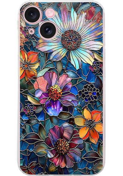 Printify Apple Uyumlu iPhone 15 Plus İle  Vitray Mücevher Flora Tasarımlı Şeffaf Silikon Kılıf Şeffaf