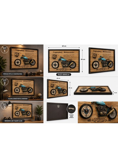 Ev Ofis Hediyesi Dekoratif Motosiklet Duvar Saati 3d Kabartmalı Modern Metal Tablo Saat 60x40 Cm Biblo