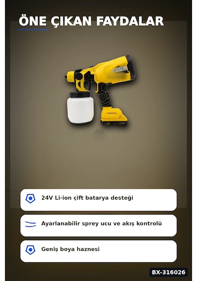 Akülü Boya Püskürtme Tabancası Ayarlanabilir Sprey Uçlu Şarjlı Duvar Boyama Aleti Bx-316026