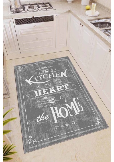 Gri Kaymaz Taban Yıkanan Kitchen Yazılı Mutfak Halısı Ar345n11