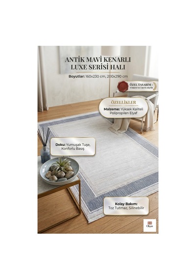 Premium Mavi Kenarlı İskandinav Tarzı Halı - Leke Tutmaz, Toz Vermez Salon Ve Oda Halısı Gri