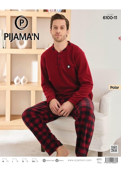 Pijamoni Erkek Düğme Yaka Kışlık Polar Pijama Takımı 6100/11,1 - 1 Adet Bordo
