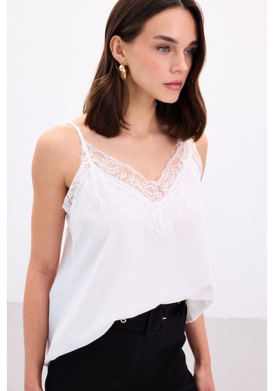 Sateen Dantel Detaylı Askılı Bluz - Ekru-136875 Ekru
