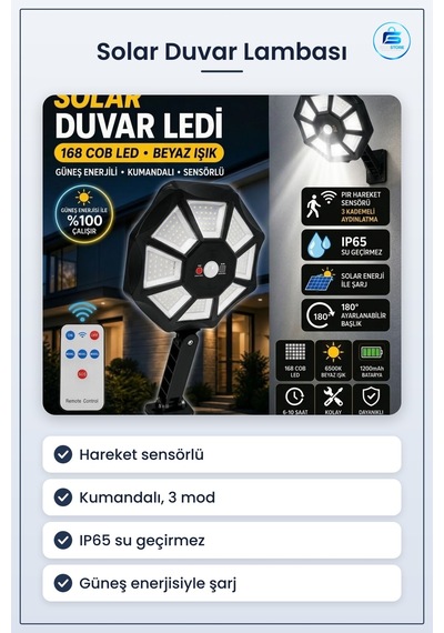 Solar Duvar Lambası Hareket Sensörlü Kumandalı Kablosuz Su Geçirm