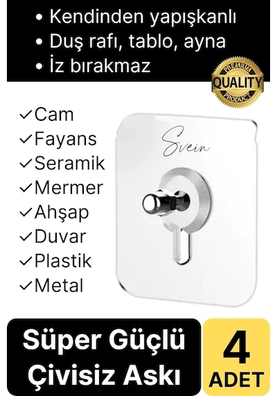 4 Adet Süper Güçlü Kendinden Yapışkanlı Tutunabilen Çok Amaçlı Çerçeve Tablo Banyo Duş Mutfak Askı Çok Renkli