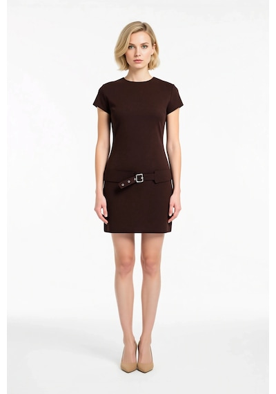 Benerly Kadın Mini Elbise Bisiklet Yaka Kısa Kollu Kemerli Bodycon Kesim Kahverengi