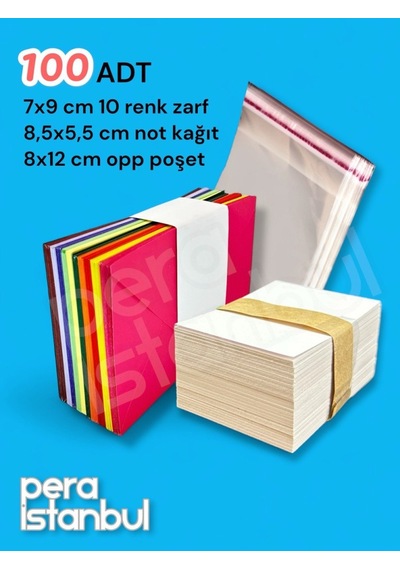 100 Adet Mini Zarf 70mmx90mm 10 Renk Zarf Hediye Doğum Günü Dilekleri Zarfı Not Kartlı Poşetli