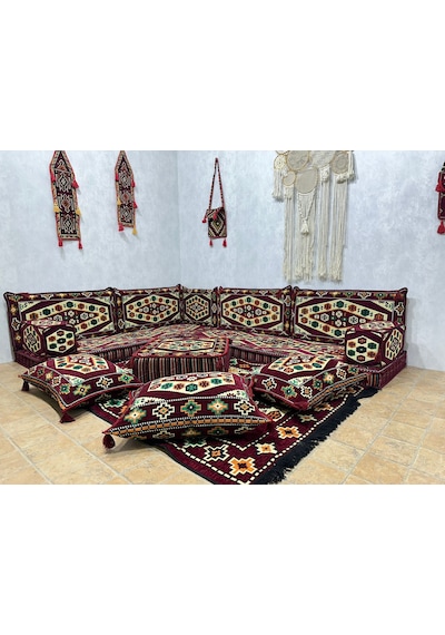 Coton Şark Köşesi Yörük Desenli Minder Takımı Bordo 18 Parça