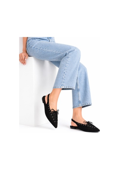 Dadwolf Kadın Süet Bağcıklı Slingback Babet Sivri Burun Arkası Açık Günlük Ayakkabı Siyah Süet