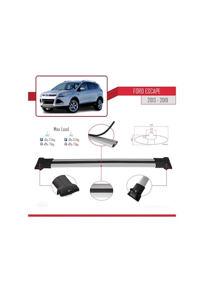 Ford Escape 2013-2019 Arası İle Uyumlu Fly Model Ara Atkı Tavan Barı Gri 3 Adet Bar
