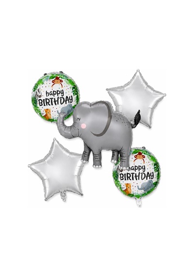 5 Li Fil Temalı Happy Birthday Folyo Balon Seti Safari Ve Orman Konseptli Parti Süsü Çok Renkli