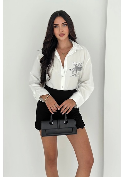 Asprin Fashion Dril Kumaş Paradise Baskılı Taşlı Gömlek Gümüş Gümüş