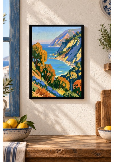 Renkli Kıyı Manzarası Desenli Dekoratif Mdf Tablo, Çerçeve Görünümlü Ahşap Poster