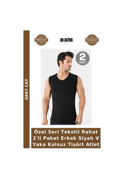 Grey Cat Özel Seri Tekstil Rahat 2'li Paket Erkek Siyah V Yaka Kolsuz Tişört Atlet Siyah-2