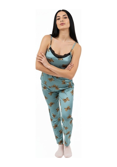 Altı Uzun Üstü Askılı Yumuşak Ayıcık Desenli Pijama Takımı Turkuaz