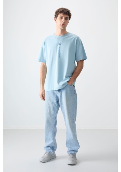 Air Jones Tommy Life Açık Mavi %100 Pamuk Kalın Yumuşak Dokulu Oversize Fit Baskılı Erkek T-shirt - 88355 Açik Mavi