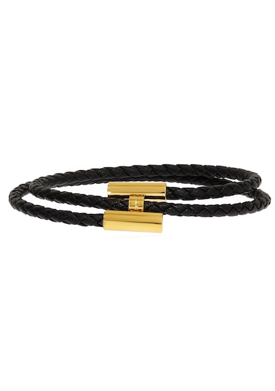 Unisex Siyah Renk Sarmal Deri Bileklik Gold