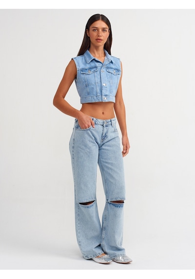Dilvin Diz Bölümü Açık Geniş Denim Pantolon Mavi