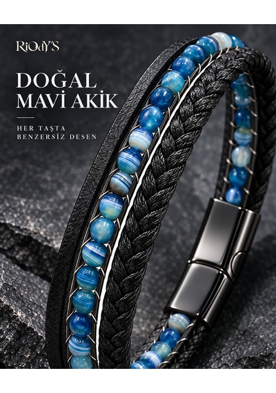 Riody's Agata Blu Erkek Bileklik Doğal Mavi Akik Taşlı Siyah Deri Çelik Kilit Siyah-mavi