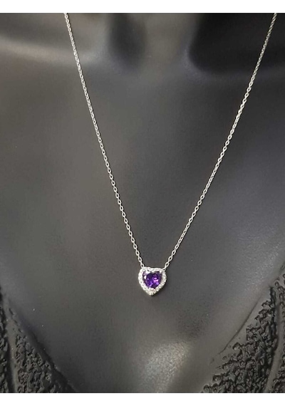 Vog Swarovski Taşlı S Model Ametis Kalp Taş Detay Gümüş Sevgiliye,arkadaşa Kolye