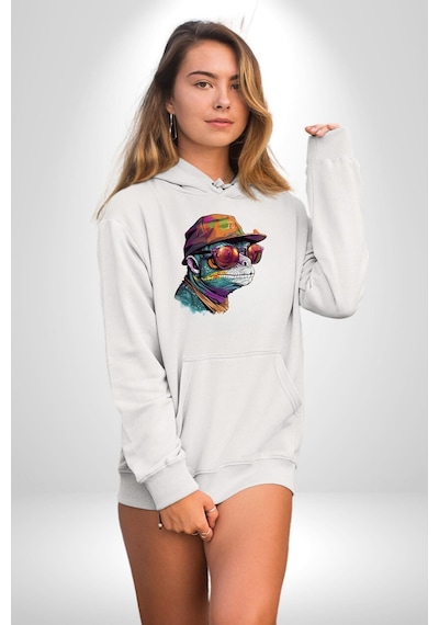 Gözlük Şapka Mukalemun Kadın Erkek Beyaz Kapüşonlu Sweatshirt Hoodie Beyaz