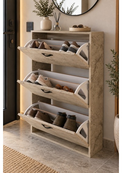 Sulorahome Düşer Kapaklı Ayakkabılık Ekru Traverten Desenli 74 Cm