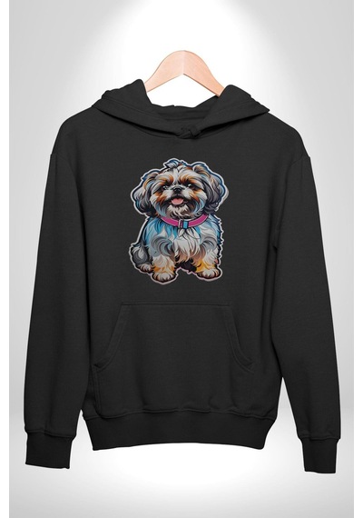 Shih Tzu Renkli Köpek Kadın Erkek Siyah Kapüşonlu Sweatshirt Hoodie Siyah