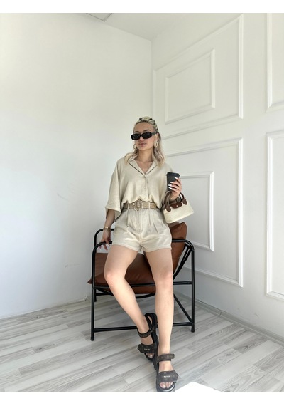 Keymoda Kadın Gömlek Şort Keten Takım Taş Rengi Taş Rengi