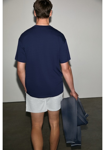Grımelange Antonıo Erkek Baskı Detaylı %100 Organik Pamuk 3 İplik Örme Oversize Lacivert T-shirt