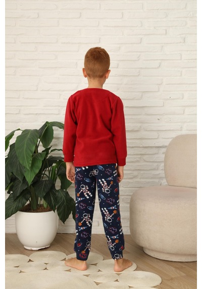 Yeni Stil Sonbahar/kış Erkek Çocuk Uzay Figür Astronot Desen Polar Pijama Takımı 4565 Kırmızı