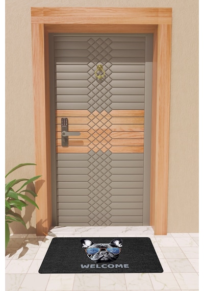 Rugmood Modern Dijtal Baskı Siyah Gözlüklü Bulldog Kapı Önü Paspası
