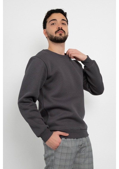 Dasüniforma Basic Baskısız 3 İplik Unisex Cepsiz Düz Sweatshirt Yuvarlak Yaka Sweat Antrasit