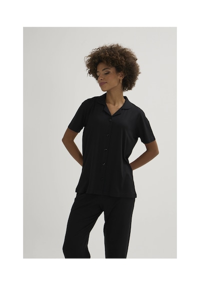Angbutik Kocabey Kkt-26150k Kadın Apaj Yaka Boydan Düğmeli Pijama Takımı Siyah