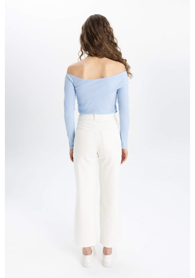 Defacto Culotte Yüksek Bel Paça Ucu Kesik Crop Jean Pantolon B5012AX24SM Ekru