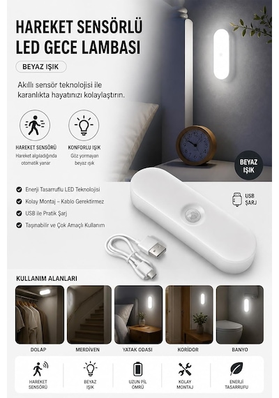 Neo Vista Usb Şarjlı Led Işık, Hareket Sensörlü, Beyaz Işık, Oda, Mutfak, Salon Ve Merdiven İçin Taşınabilir Lamba .