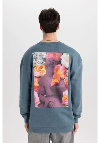DeFacto Comfort Regular Fit Rahat Kalıp Bisiklet Yaka Sırt Baskılı Yıkamalı Soluk Efektli Sweatshirt - C1664AX24SPIN212
