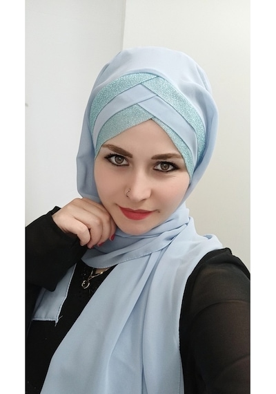Kadın Tesettür Simli Üç Bantlı Hazır Şal Bebek Mavisi Bebek Mavisi