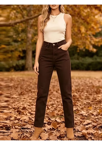 Layal My Beauty Jeannine Kadın Jeans Yüksek Bel Mom Boyfriend Dar Paça Denim Kot Pantolon Kahve