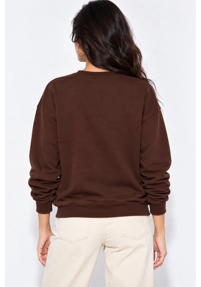 Mevese Kadın Taş İşlemeli Fiyonk Baskı Oversize Üç İplik Rahat Kesim Sweatshirt - Acı Kahve Kahverengi