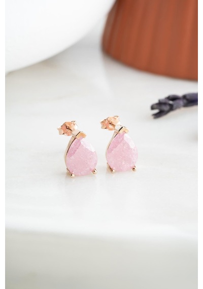 925 Ayar Gümüş Pembe Taşlı Damla Model Küpe Pembe Altın
