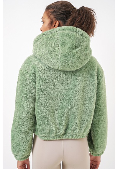 Bigdart 5193 Kapüşonlu Peluş Crop Ceket - E. Yeşil