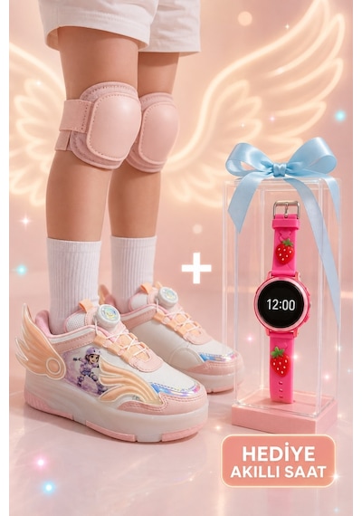 Muggo Wıngs Çocuk Kanat Detaylı Işıklı Patenli Tekerlekli Sneaker Spor Ayakkabı Pudra