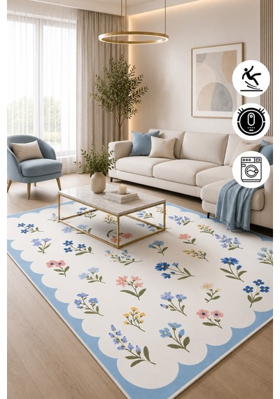 Renkli Floral Desen Mavi Çerçeveli Baskılı Kaymaz Yıkanabilir Salon Oturma Odası Mutfak Balkon Halısı Yolluk