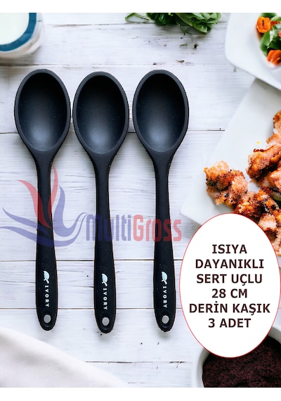 Sert Uçlu Isıya Dayanıklı Silikon 28 Cm Kaşık Siyahx3
