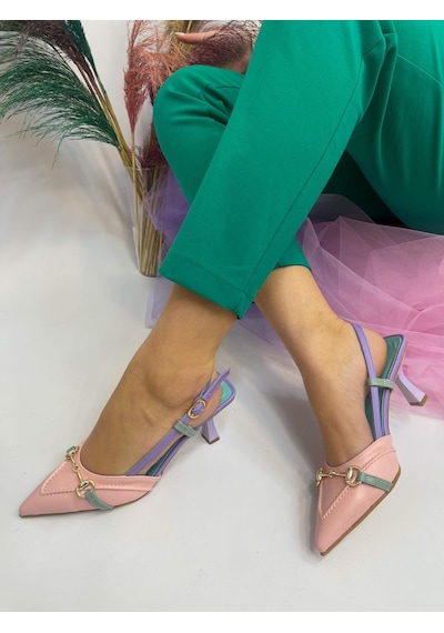 Ervanın Butiği Pembe Yeşil Deri Moss Toka Detay Kadın Stiletto-3536