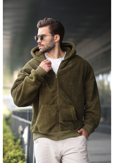 Madmext Haki Peluş Over Fit Kapüşonlu Fermuarlı Erkek Sweatshirt 6049 Haki