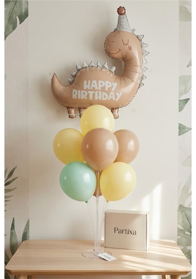 Happy Birthday Retro Açık Kahverengi Dinozor Balon Stand Seti Şeffaf 7 Li Stand + Dinozor Folyo Balon 80 77 Cm + 7 Lateks Balon