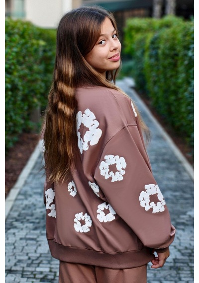 Locoloco Kız Çocuk Sweatshirt Çiçek Baskılı 9-14 Yaş, Kahverengi Kahverengi