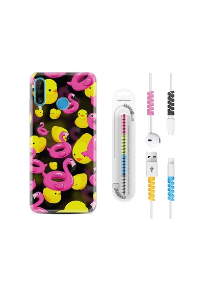 Huawei P30 Lite Kılıf Kablo Koruyuculu Flamingolar Ördekler 1638
